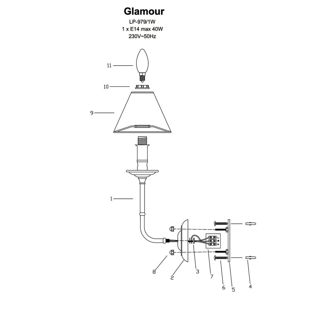 Kinkiet GLAMOUR, chromowy z czarnym abażurem, 1x40W E14