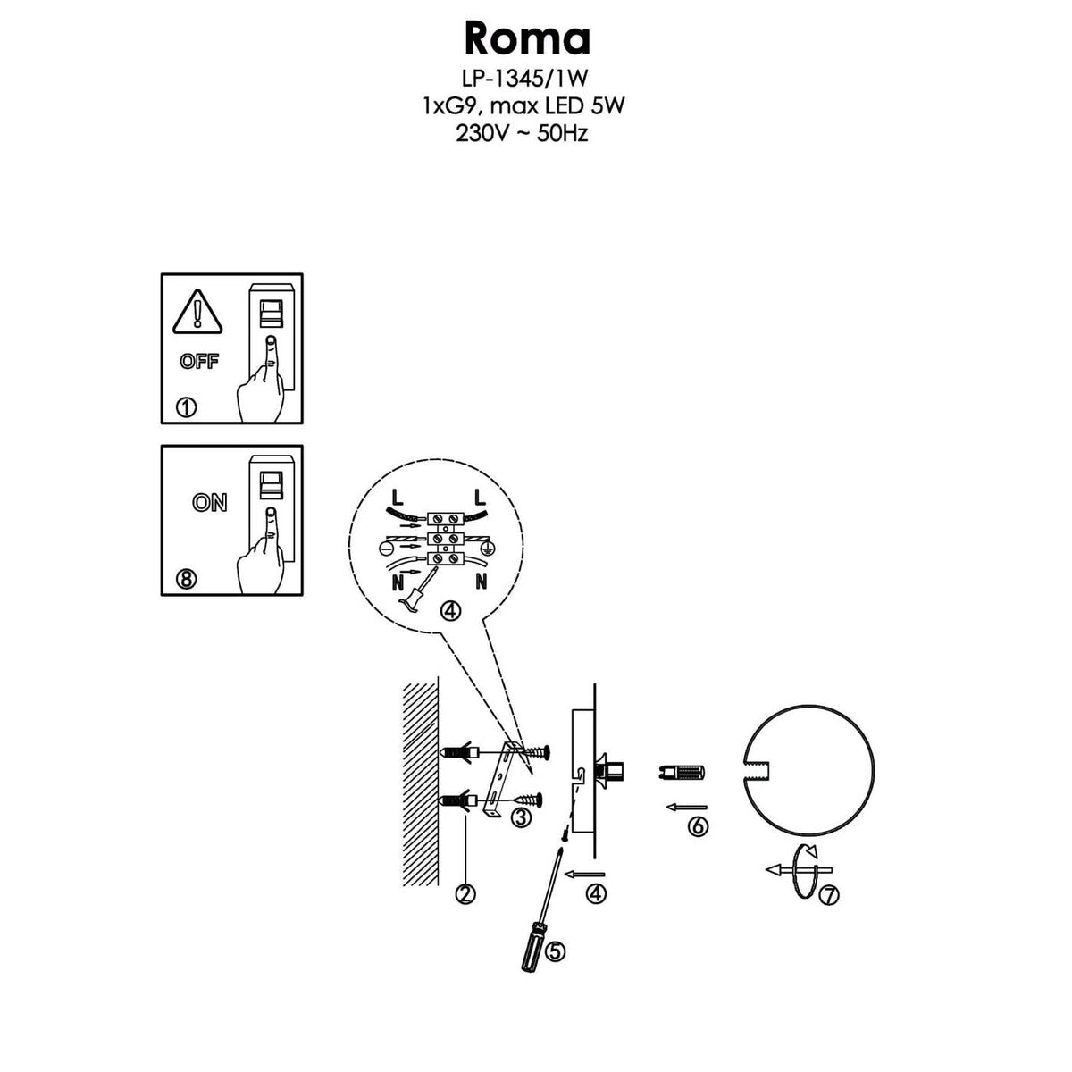 Kinkiet Roma, czarny z białym kloszem, 1x5W G9