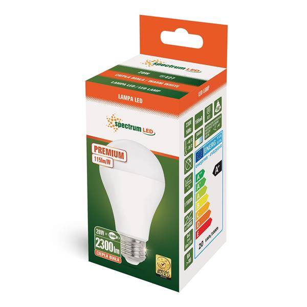 LED  GLS  E-27 230V 20W PREMIUM  WW A65 SPECTRUM
