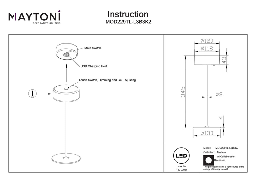 Lampa bateryjna Maytoni AI Collaboration IP20 x MOD229TL-L3B3K2 | Czarny