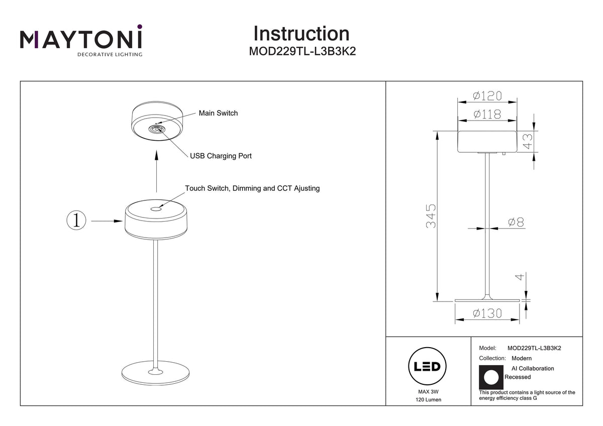 Lampa bateryjna Maytoni AI Collaboration IP20 x MOD229TL-L3B3K2 | Czarny