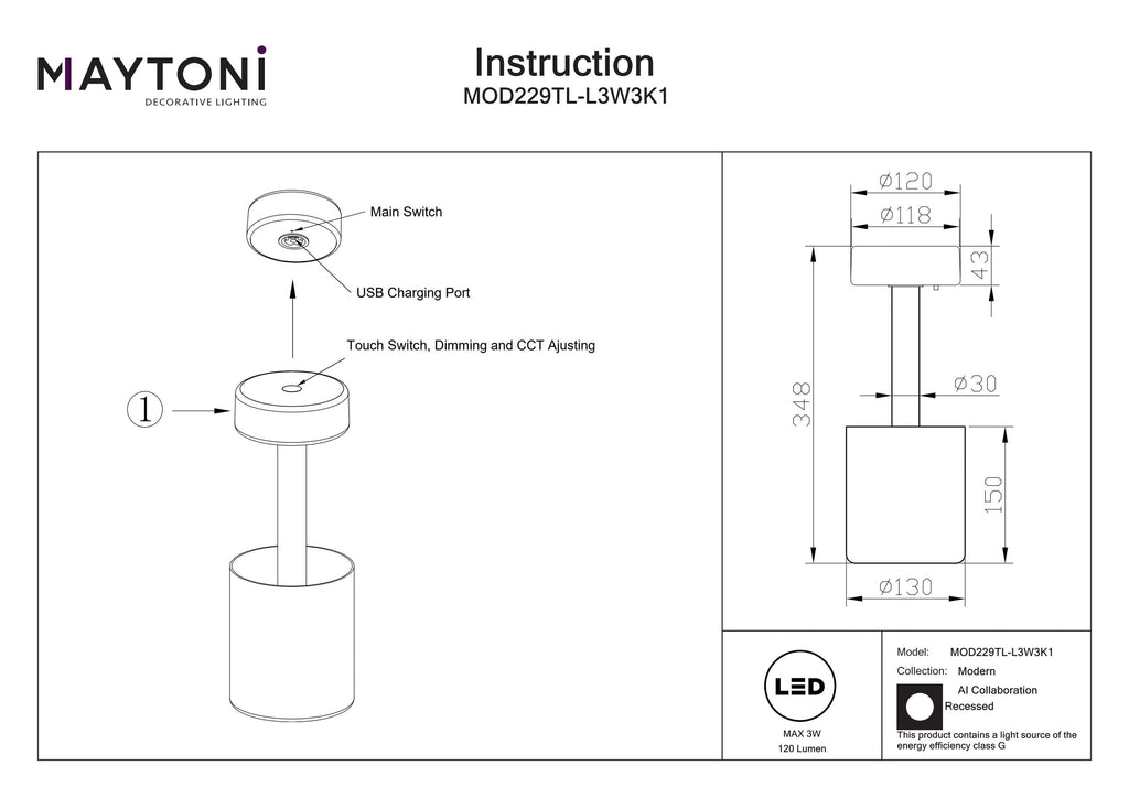 Lampa bateryjna Maytoni AI Collaboration IP20 x MOD229TL-L3W3K1 | Przezroczysty
