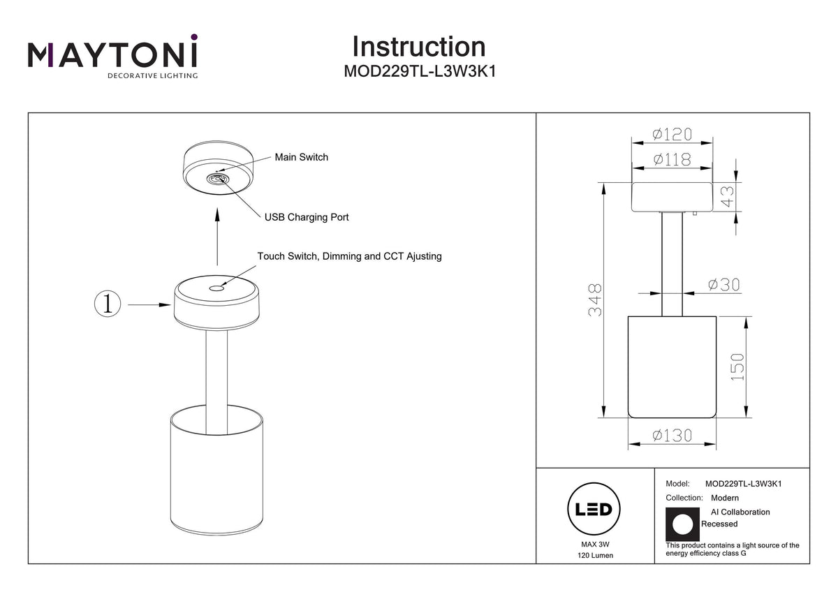 Lampa bateryjna Maytoni AI Collaboration IP20 x MOD229TL-L3W3K1 | Przezroczysty