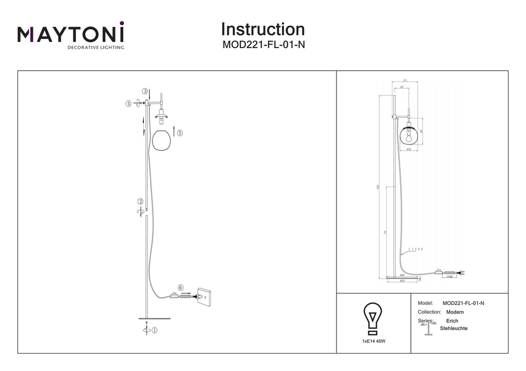 Lampa podłogowa Maytoni Erich IP20 1xE14 MOD221-FL-01-N | Nikiel