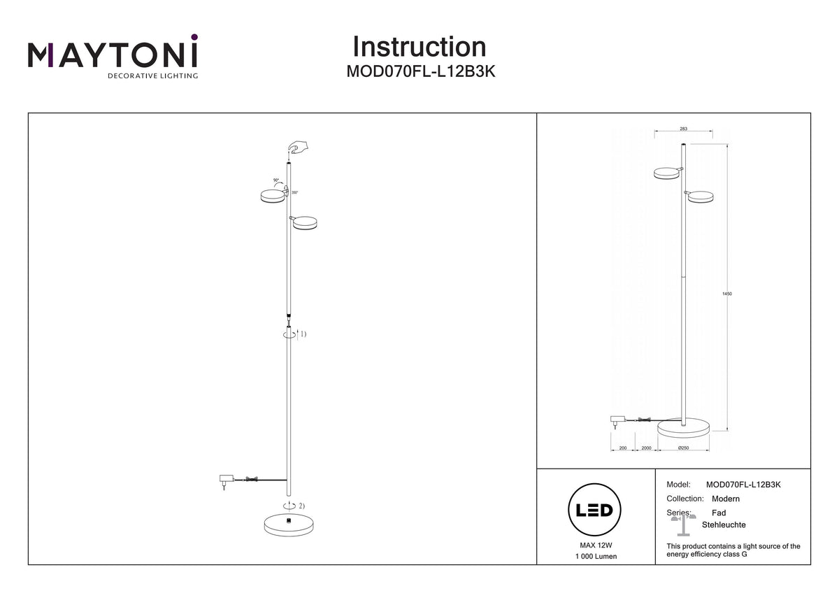 Lampa podłogowa Maytoni Fad IP20 x MOD070FL-L12B3K | Czarny