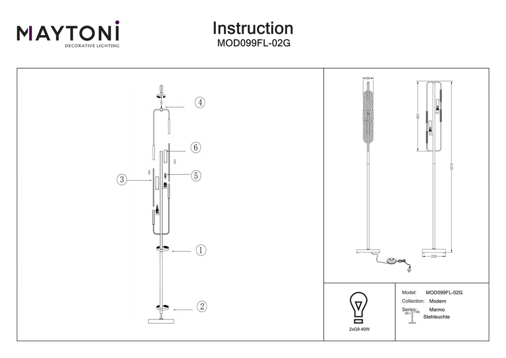 Lampa podłogowa Maytoni Marmo IP20 2xG9 MOD099FL-02G | Mosiądz