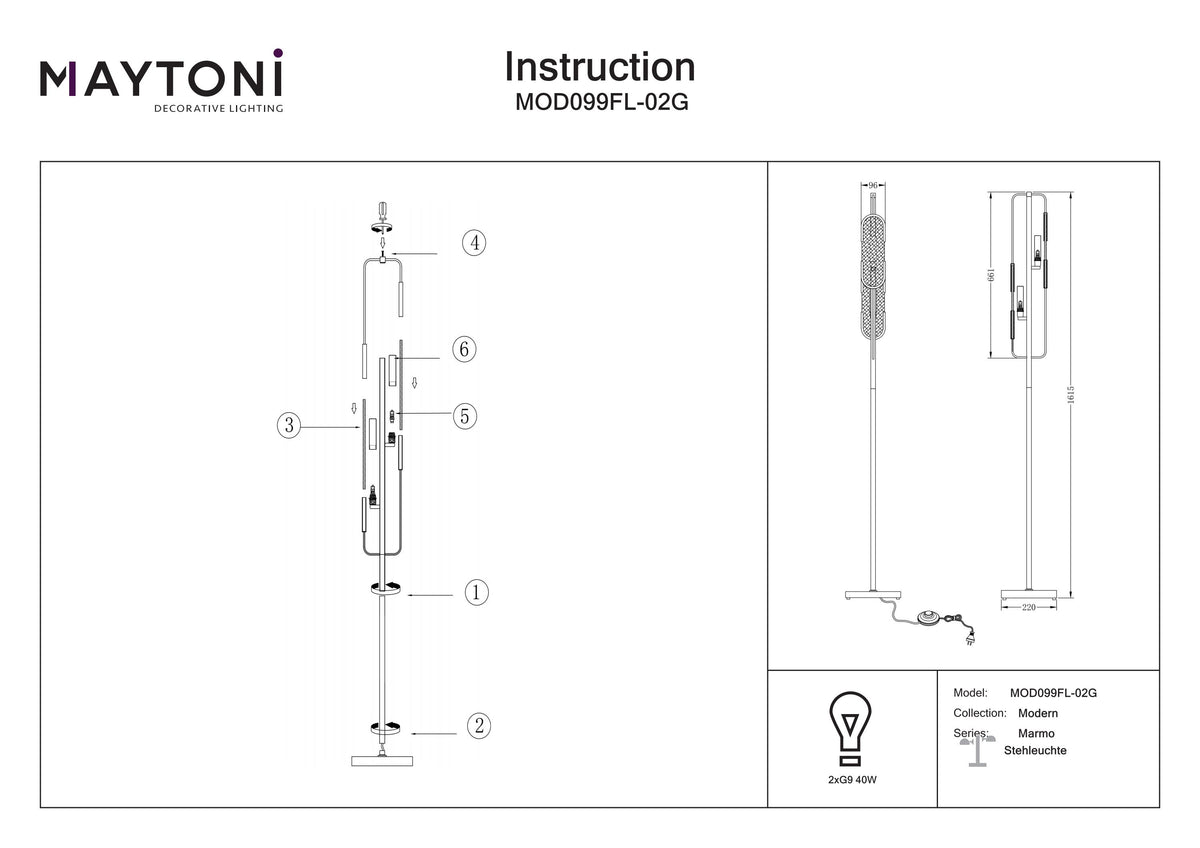 Lampa podłogowa Maytoni Marmo IP20 2xG9 MOD099FL-02G | Mosiądz