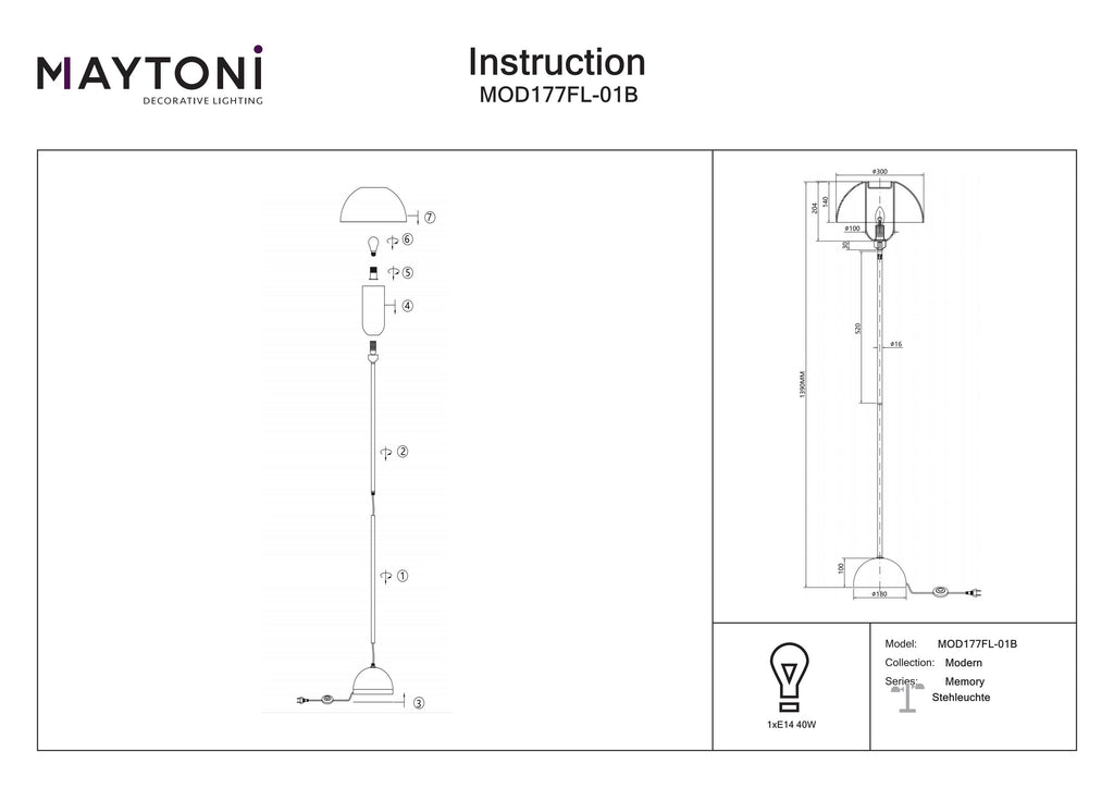 Lampa podłogowa Maytoni Memory IP20 1xE14 MOD177FL-01B | Czarny