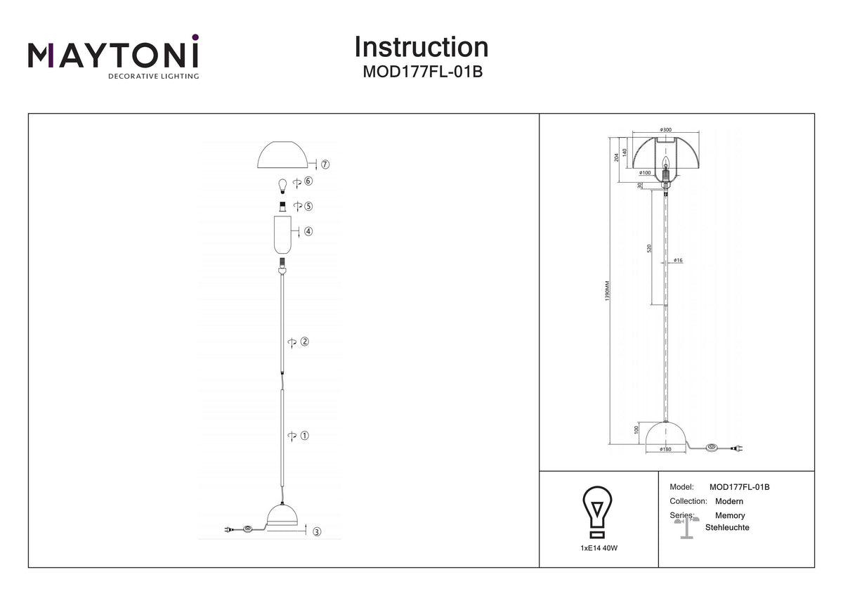 Lampa podłogowa Maytoni Memory IP20 1xE14 MOD177FL-01B | Czarny