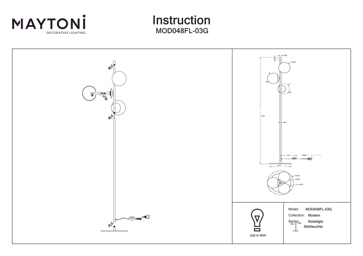 Lampa podłogowa Maytoni Nostalgia IP20 3xE14 MOD048FL-03G | Czarno-złoty