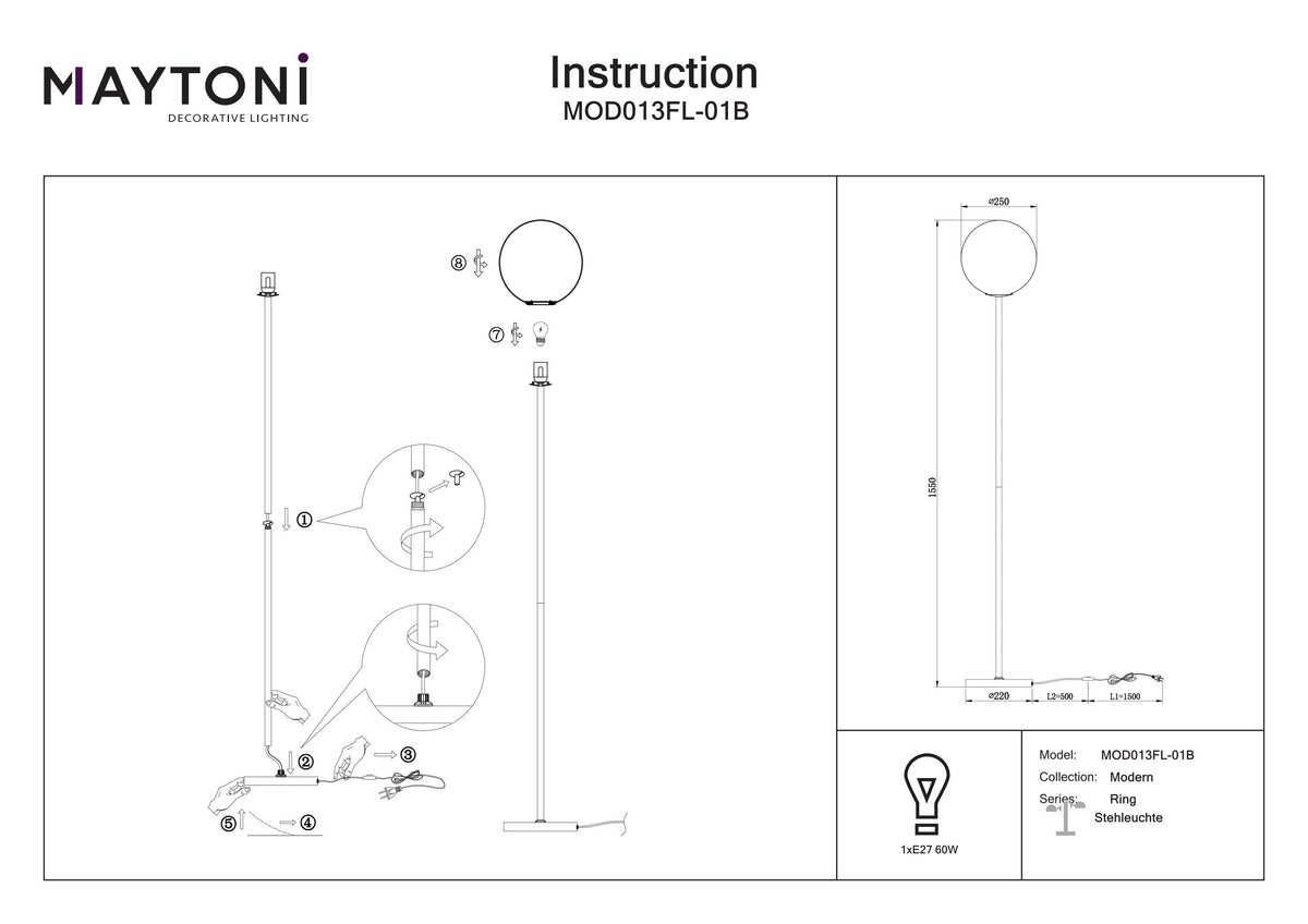 Lampa podłogowa Maytoni Ring IP20 1xE27 MOD013FL-01B | Czarny