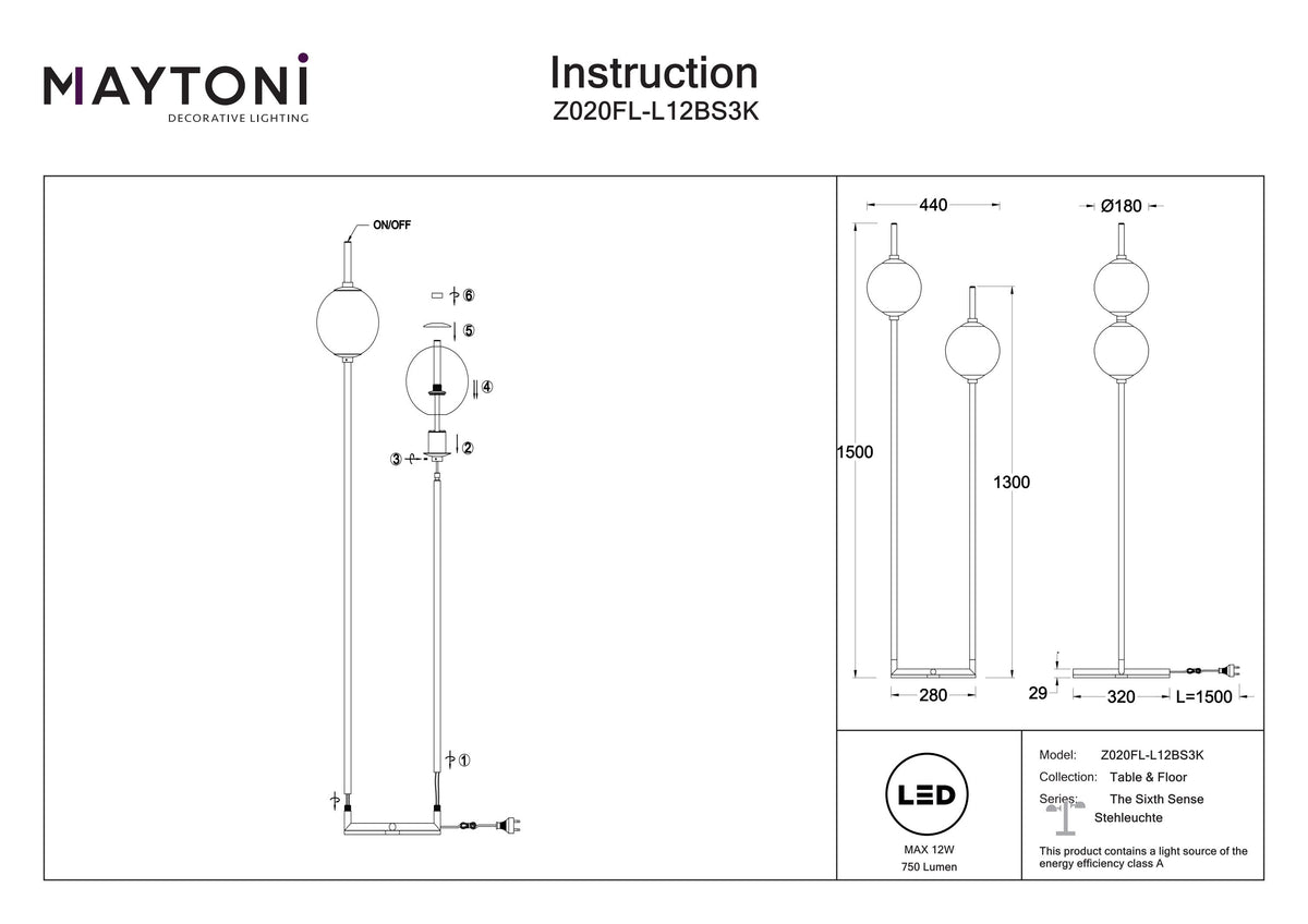 Lampa podłogowa Maytoni The Sixth Sense IP20 x Z020FL-L12BS3K | Mosiądz