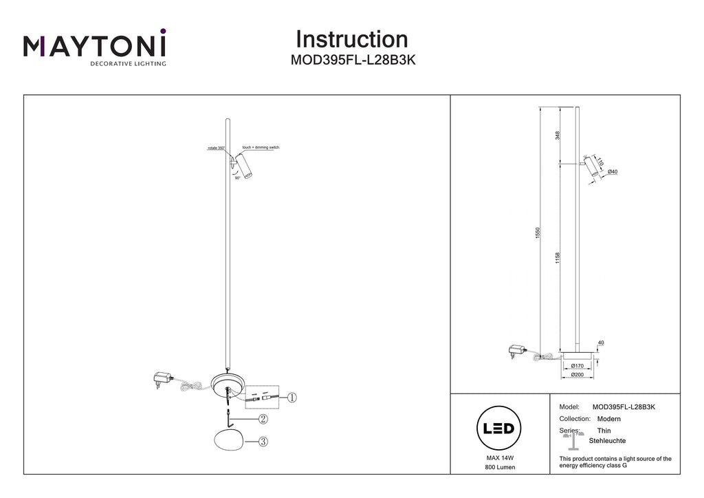 Lampa podłogowa Maytoni Thin IP20 x MOD395FL-L28B3K | Czarny