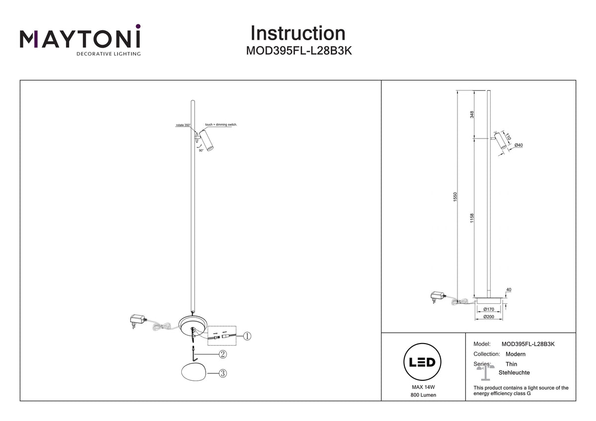 Lampa podłogowa Maytoni Thin IP20 x MOD395FL-L28B3K | Czarny