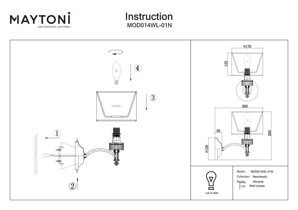 Lampa ścienna Maytoni Alicante IP20 1xE14 MOD014WL-01N | Nikiel