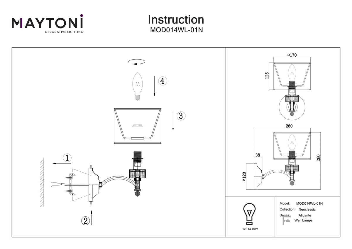 Lampa ścienna Maytoni Alicante IP20 1xE14 MOD014WL-01N | Nikiel
