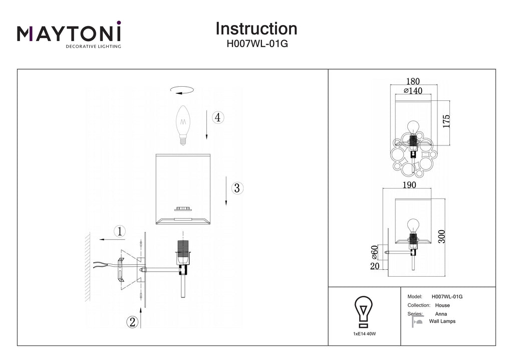 Lampa ścienna Maytoni Anna IP20 1xE14 H007WL-01G | Złoto