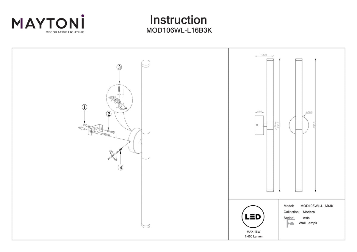 Lampa ścienna Maytoni Axis IP20 x MOD106WL-L16B3K | Czarny