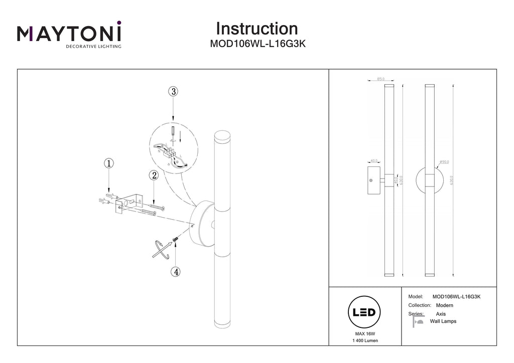 Lampa ścienna Maytoni Axis IP20 x MOD106WL-L16G3K | Złoto