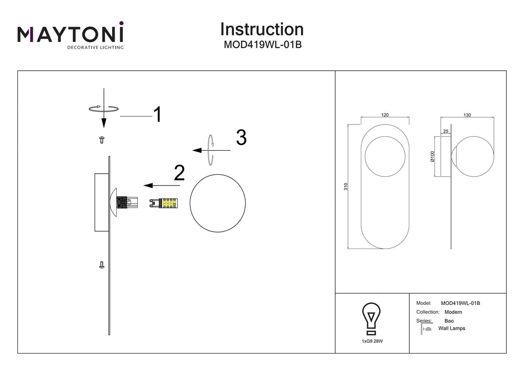 Lampa ścienna Maytoni Bao IP20 1xG9 MOD419WL-01B | Czarny