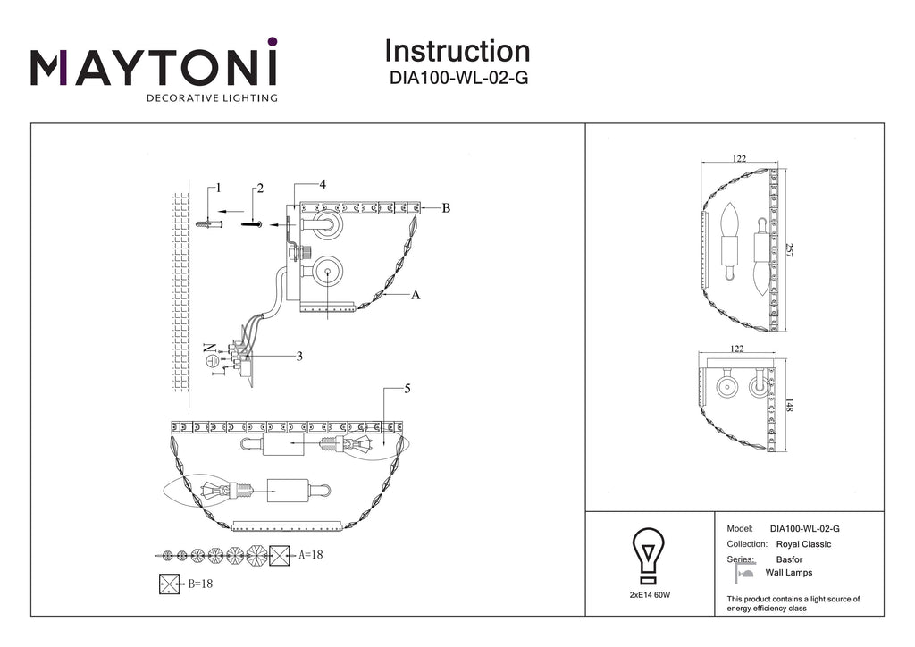 Lampa ścienna Maytoni Basfor IP20 2xE14 DIA100-WL-02-G | Złoto