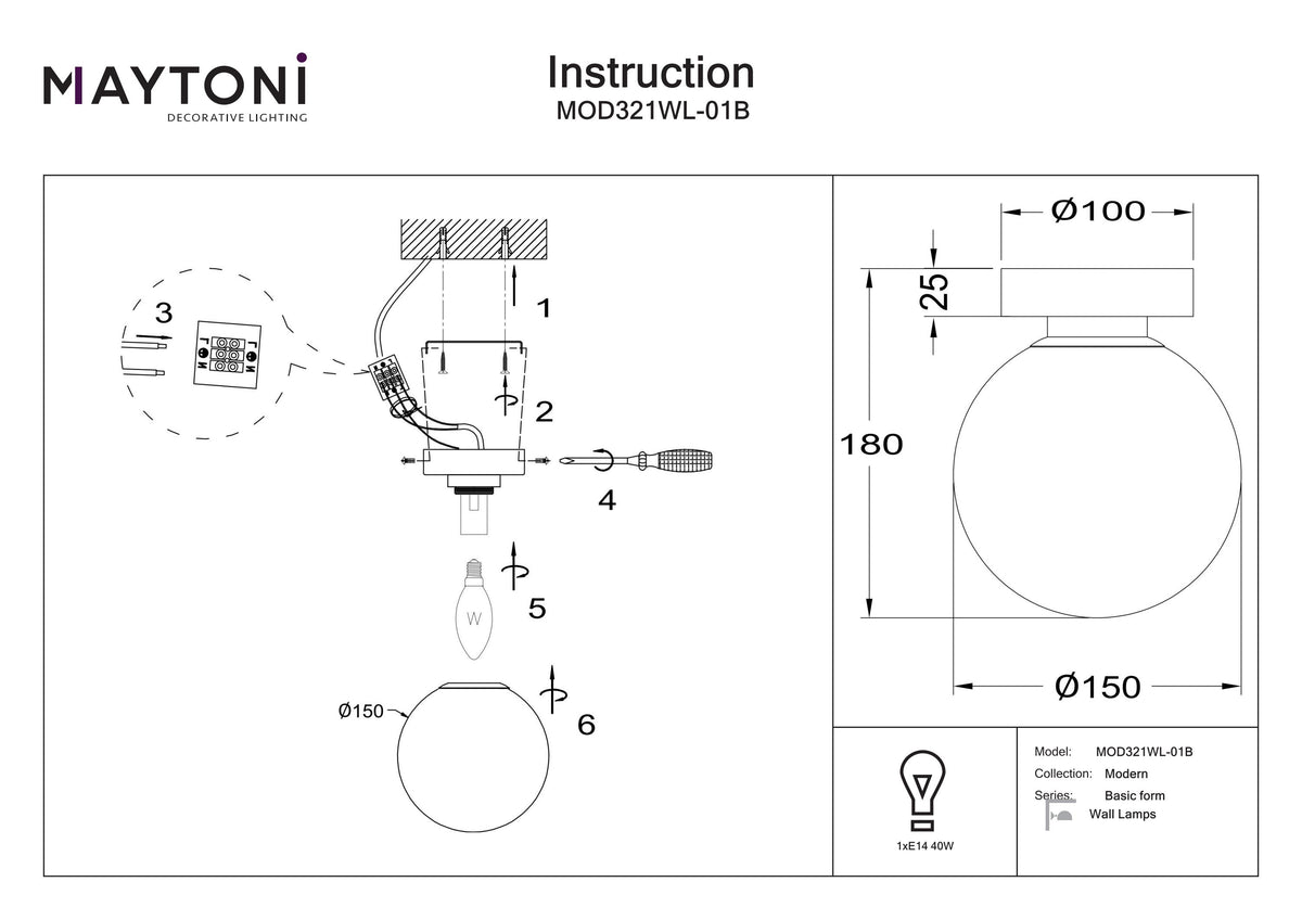 Lampa ścienna Maytoni Basic form IP20 1xE14 MOD321WL-01B | Czarny