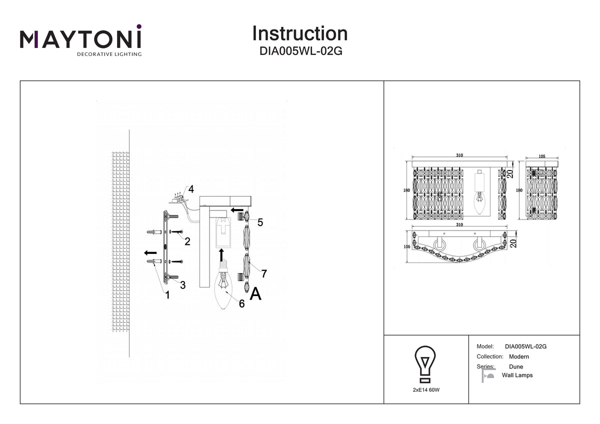 Lampa ścienna Maytoni Dune IP20 2xE14 DIA005WL-02G | Złoto