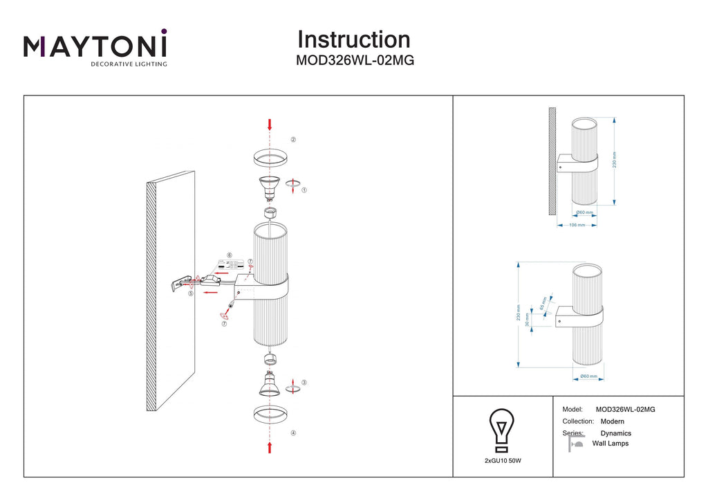 Lampa ścienna Maytoni Dynamics IP20 2xGU10 MOD326WL-02MG | Złoto