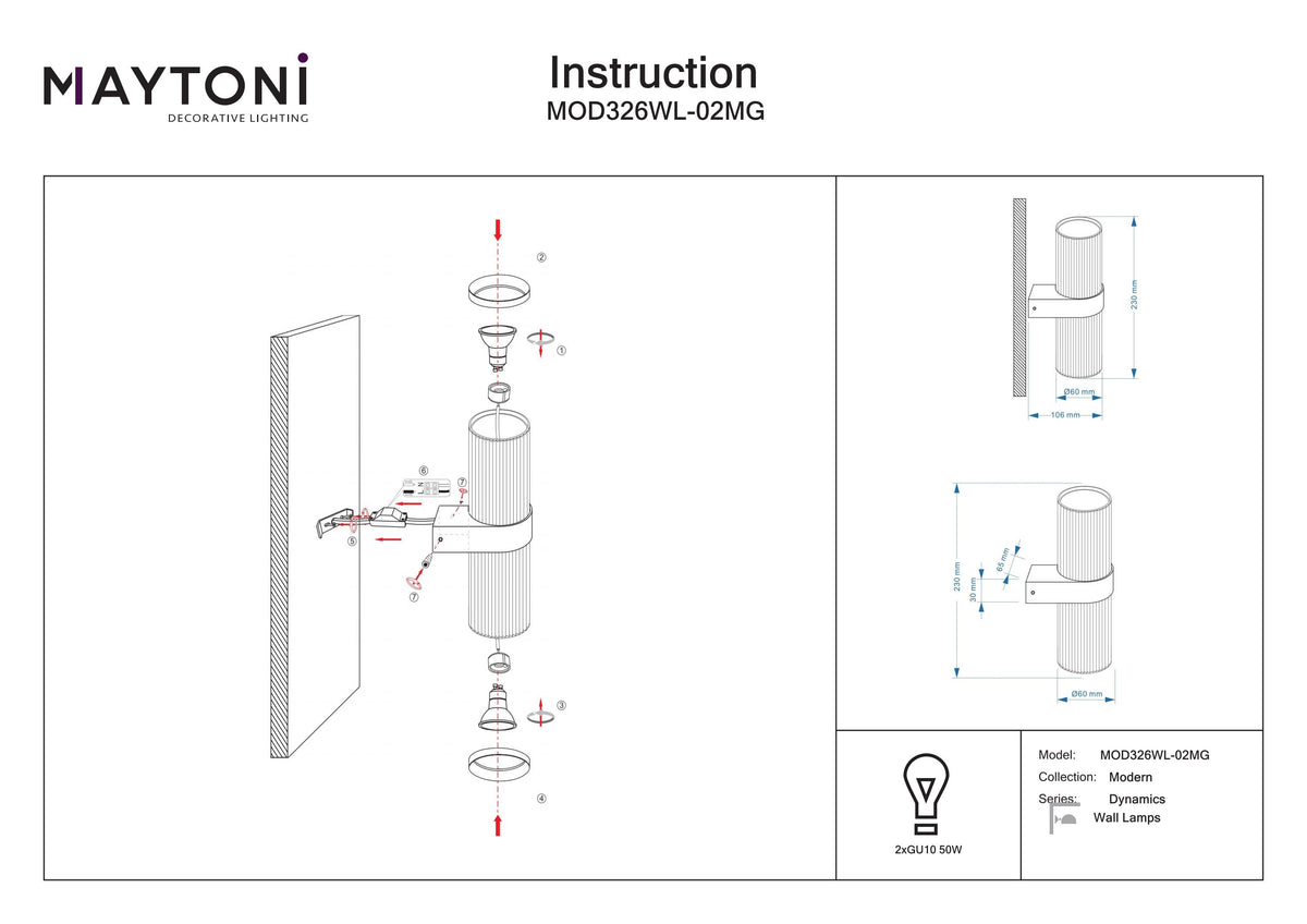 Lampa ścienna Maytoni Dynamics IP20 2xGU10 MOD326WL-02MG | Złoto