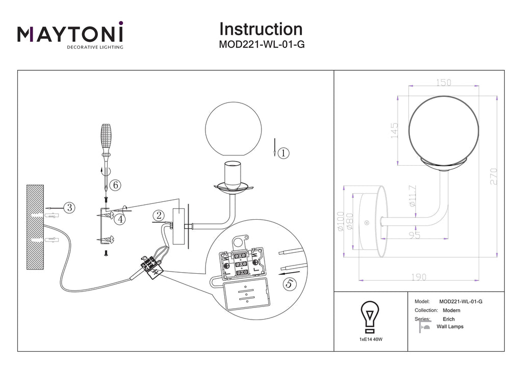 Lampa ścienna Maytoni Erich IP20 1xE14 MOD221-WL-01-G | Mosiądz