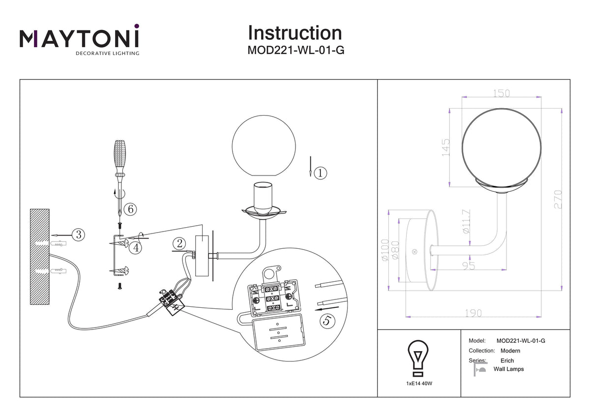 Lampa ścienna Maytoni Erich IP20 1xE14 MOD221-WL-01-G | Mosiądz