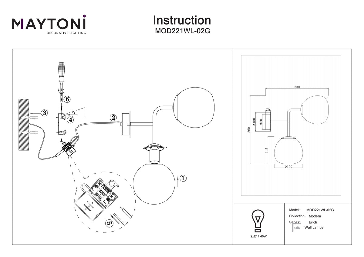 Lampa ścienna Maytoni Erich IP20 2xE14 MOD221WL-02G | Złoto