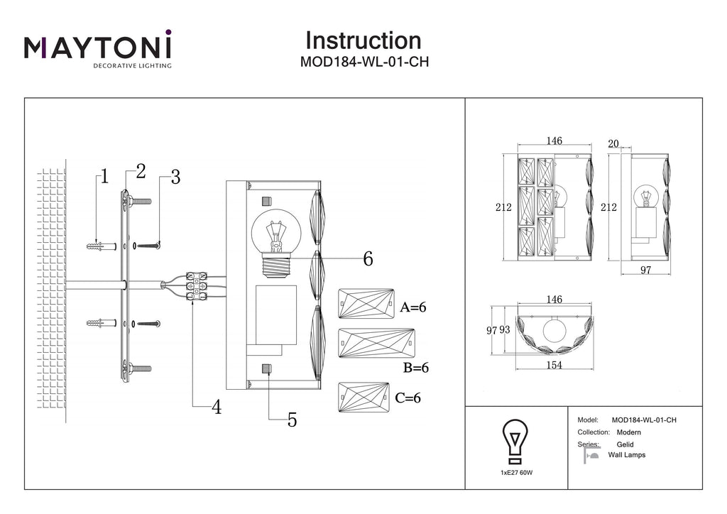 Lampa ścienna Maytoni Gelid IP20 1xE27 MOD184-WL-01-CH | Chrom