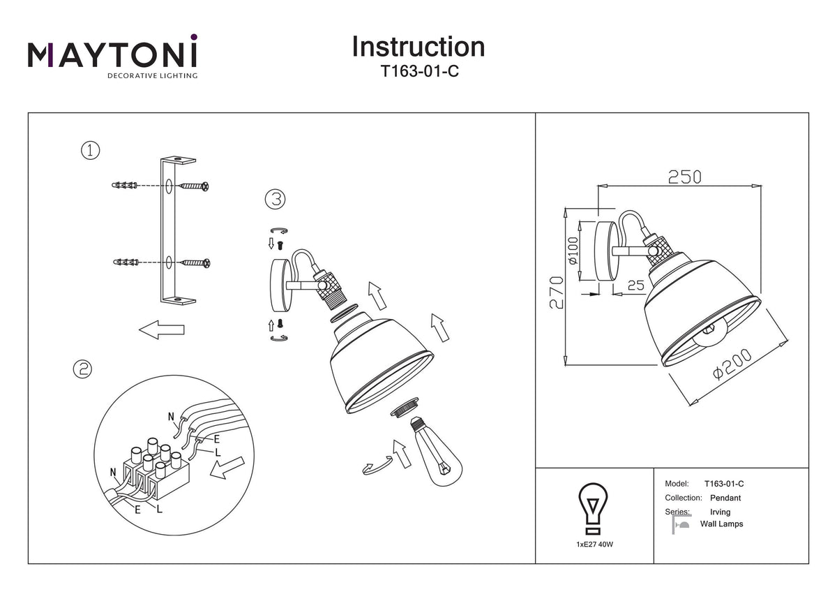 Lampa ścienna Maytoni Irving IP20 1xE27 T163-01-C | Czarny