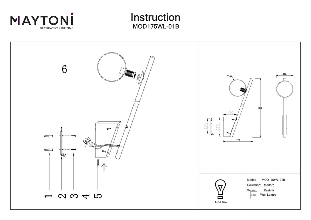 Lampa ścienna Maytoni Kazimir IP20 1xG9 MOD175WL-01B | Czarny