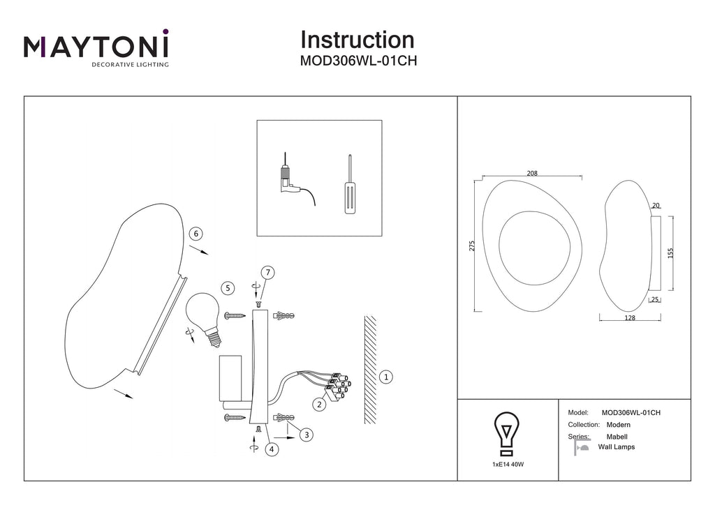 Lampa ścienna Maytoni Mabell IP20 1xE14 MOD306WL-01CH | Czarny