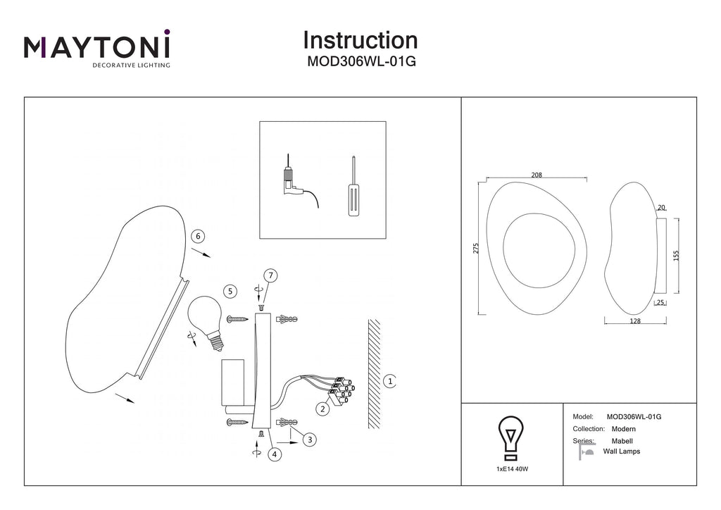 Lampa ścienna Maytoni Mabell IP20 1xE14 MOD306WL-01G | Czarny