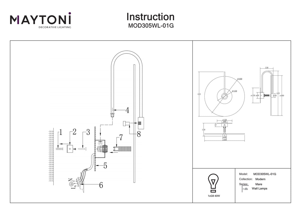 Lampa ścienna Maytoni Mare IP20 1xG9 MOD305WL-01G | Złoto
