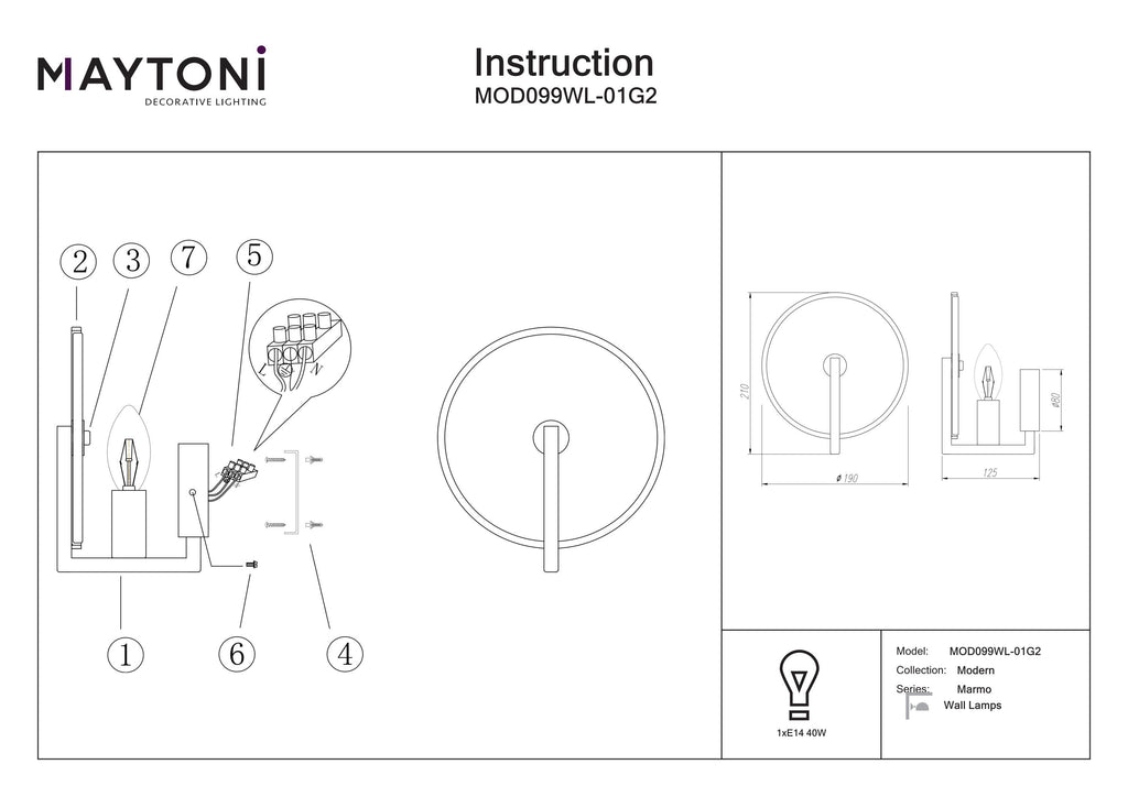 Lampa ścienna Maytoni Marmo IP20 1xE14 MOD099WL-01G2 | Mosiądz