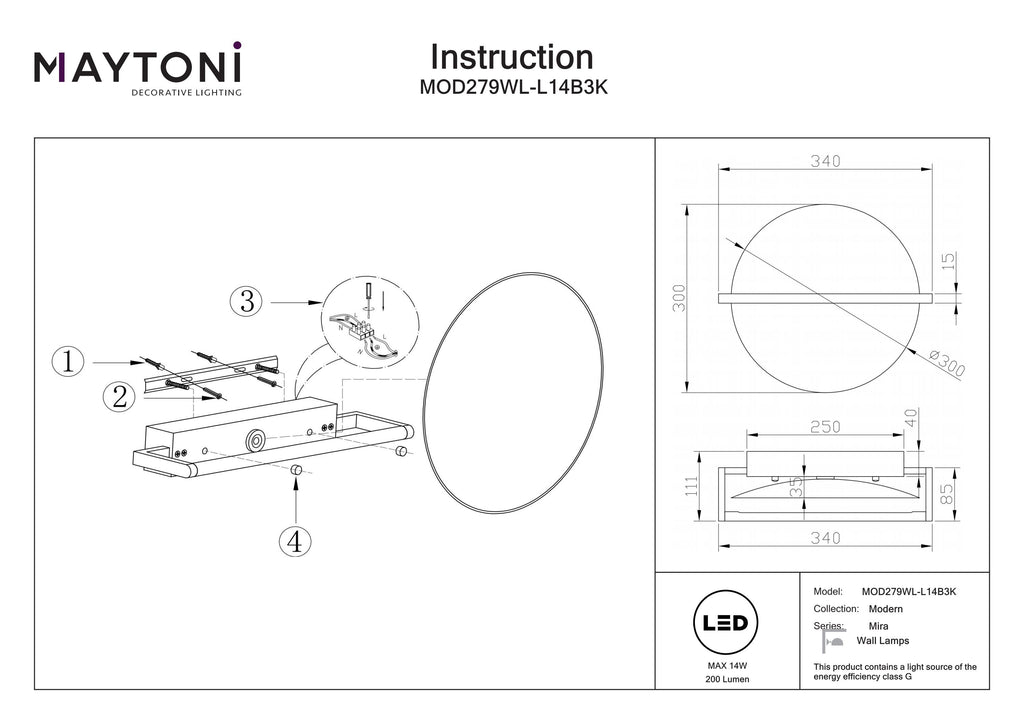 Lampa ścienna Maytoni Mira IP20 x MOD279WL-L14B3K | Czarny