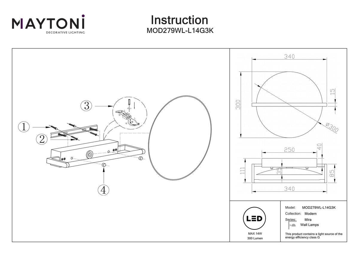 Lampa ścienna Maytoni Mira IP20 x MOD279WL-L14G3K | Złoto