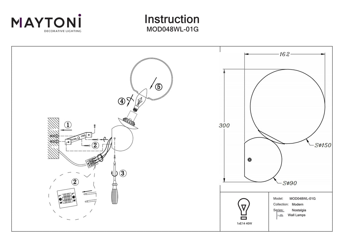 Lampa ścienna Maytoni Nostalgia IP20 1xE14 MOD048WL-01G | Czarno-złoty