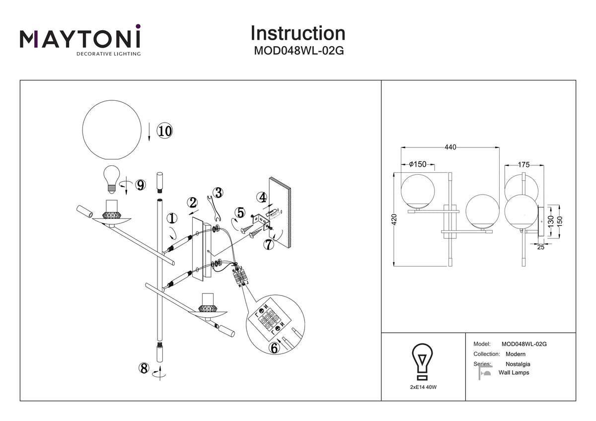 Lampa ścienna Maytoni Nostalgia IP20 2xE14 MOD048WL-02G | Czarno-złoty