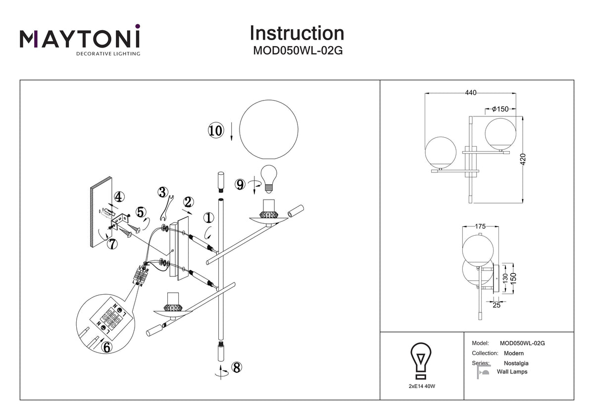 Lampa ścienna Maytoni Nostalgia IP20 2xE14 MOD050WL-02G | Czarno-złoty