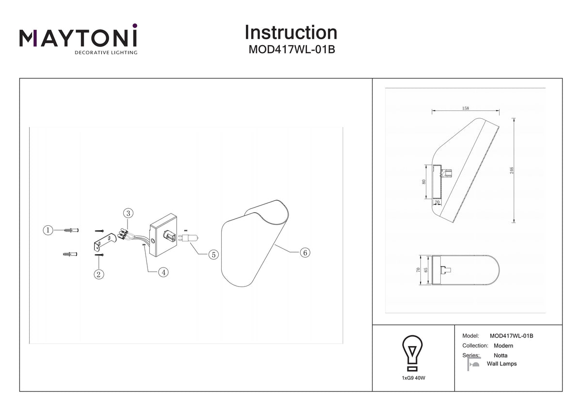 Lampa ścienna Maytoni Notta IP20 1xG9 MOD417WL-01B | Czarny