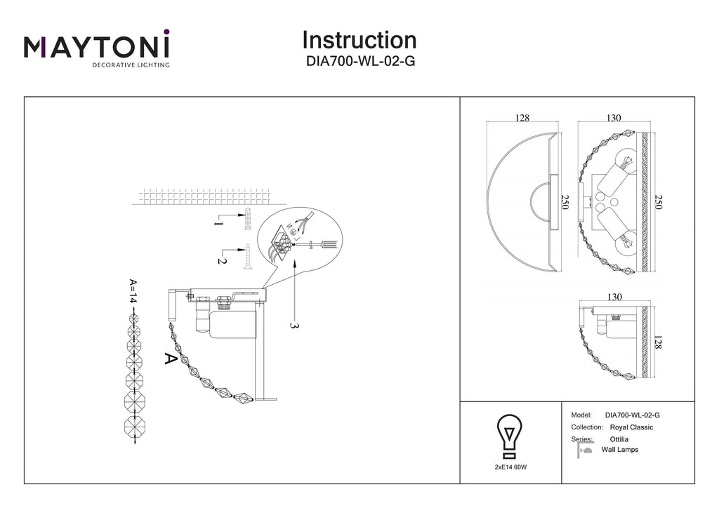 Lampa ścienna Maytoni Ottilia IP20 2xE14 DIA700-WL-02-G | Złoto