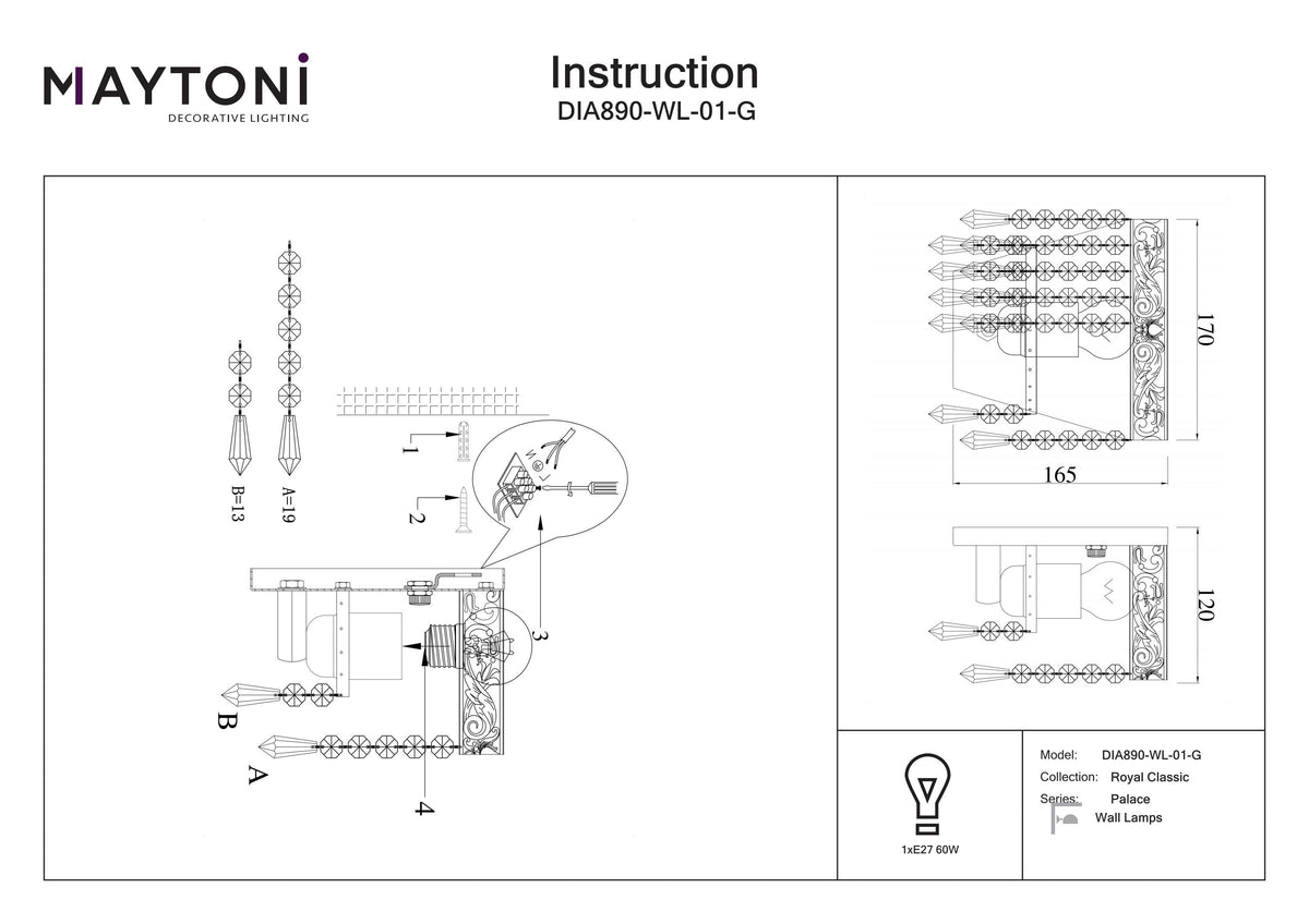 Lampa ścienna Maytoni Palace IP20 1xE27 DIA890-WL-01-G | Złoto