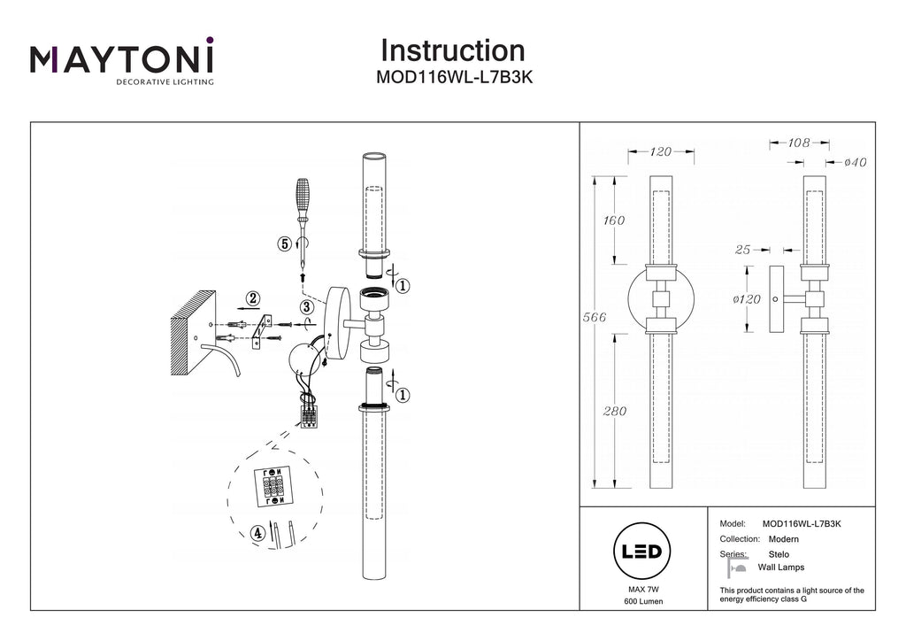 Lampa ścienna Maytoni Stelo IP20 x MOD116WL-L7B3K | Czarny