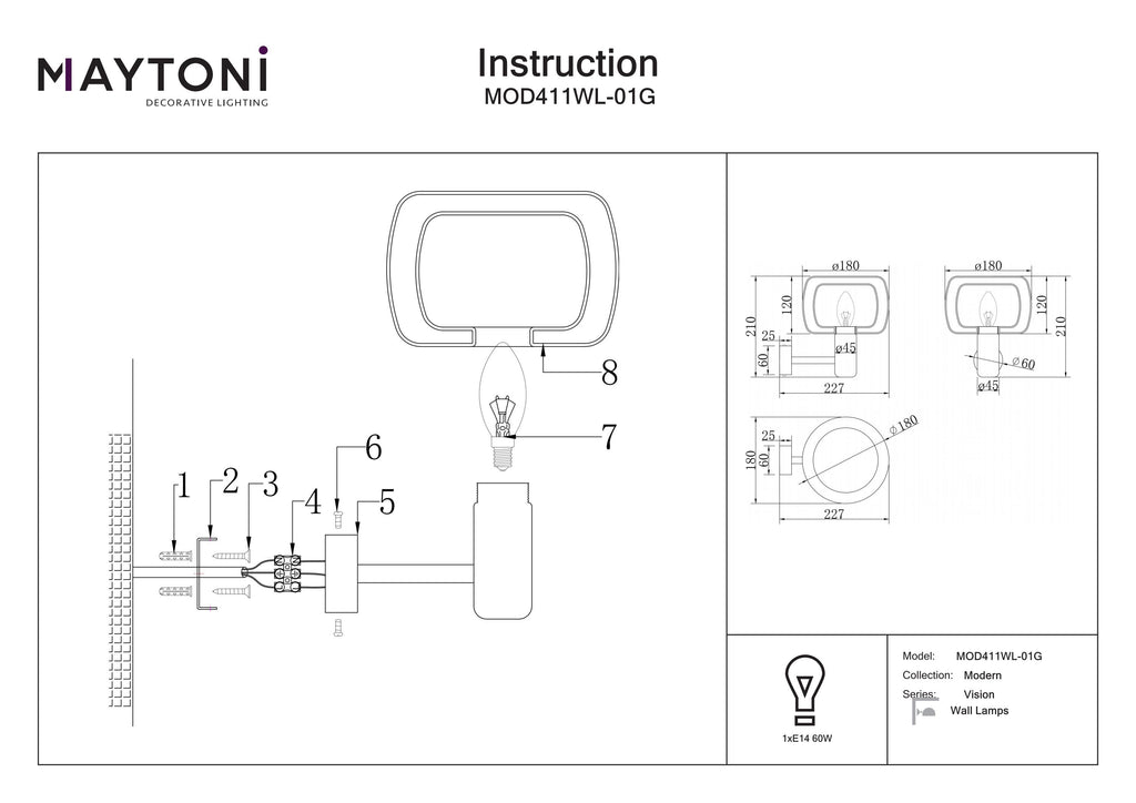 Lampa ścienna Maytoni Vision IP20 1xE14 MOD411WL-01G | Złoto