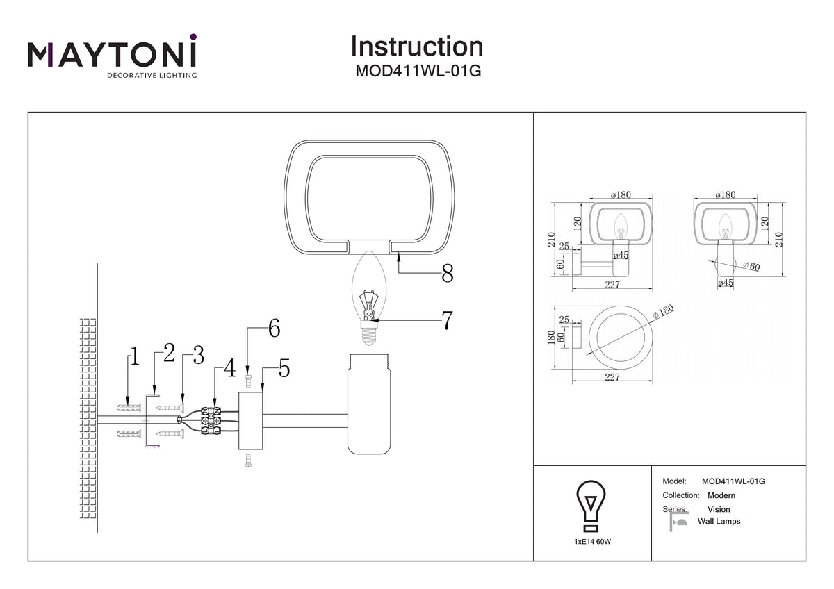 Lampa ścienna Maytoni Vision IP20 1xE14 MOD411WL-01G | Złoto